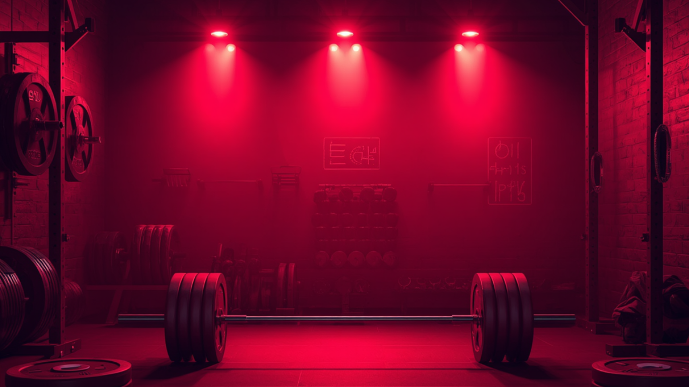Gym interior with red lighting, weights, and exercise equipment.